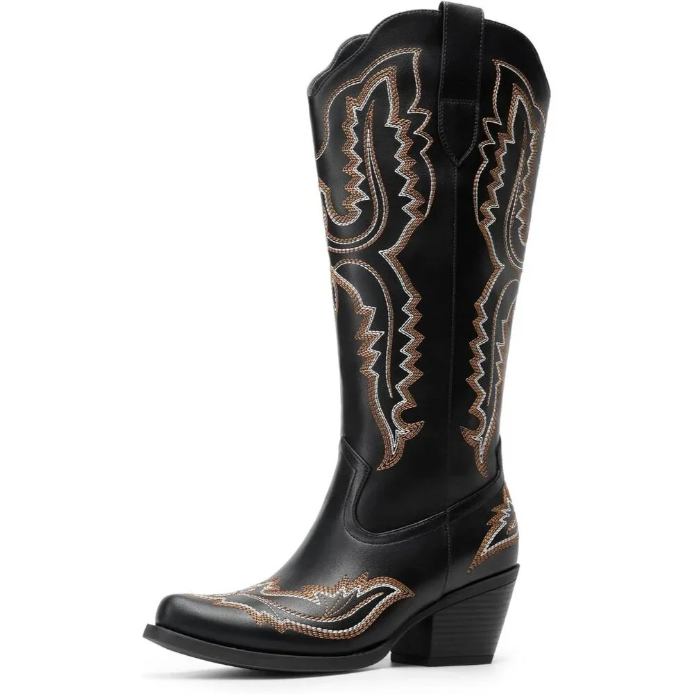 Women's Black Square Toe Comfortable Side Zipper Tall Cowboy Knee High Boots